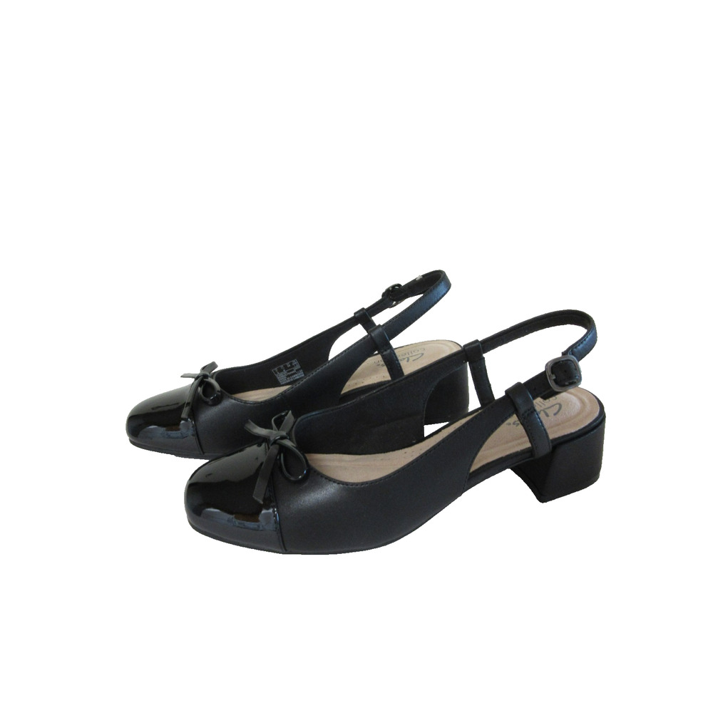 CLARKS Iridessa Black Leather Slingback 7 1/2 M Patent Leather Top Cap Heels